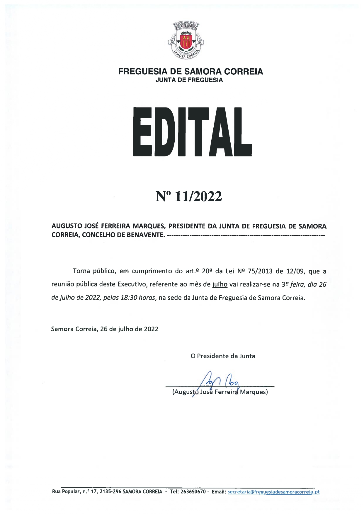 Imagem Edital Nº 11/2022 - Reunião Pública do Executivo