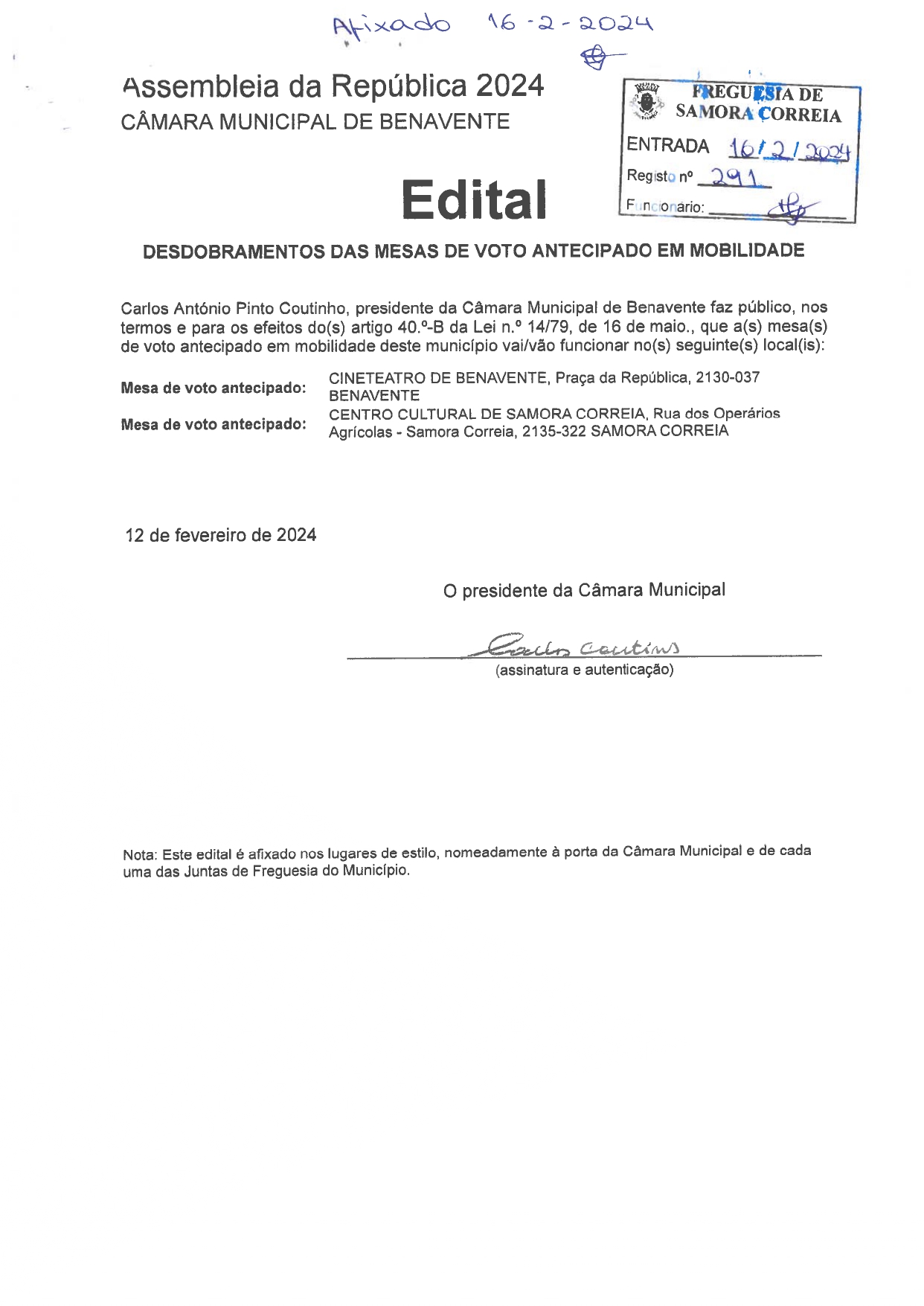 Imagem Edital - CMB -  Assembleia da República 2024 - Desdobramentos das Mesas de Voto Antecipado