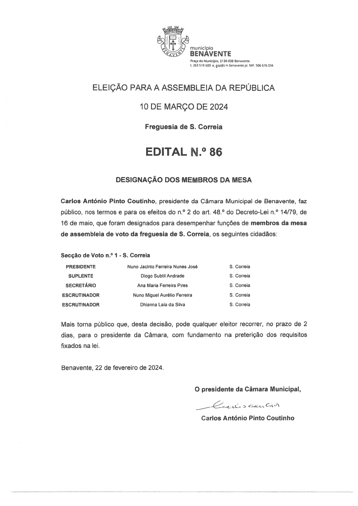 Imagem Edital Nº86 ao Edital Nº98 - CMB - Eleição Para a Assembleia da República