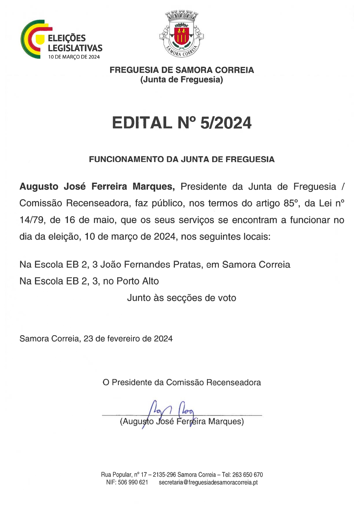 Imagem Edital Nº 05/2024 - Funcionamento da Junta de Freguesia