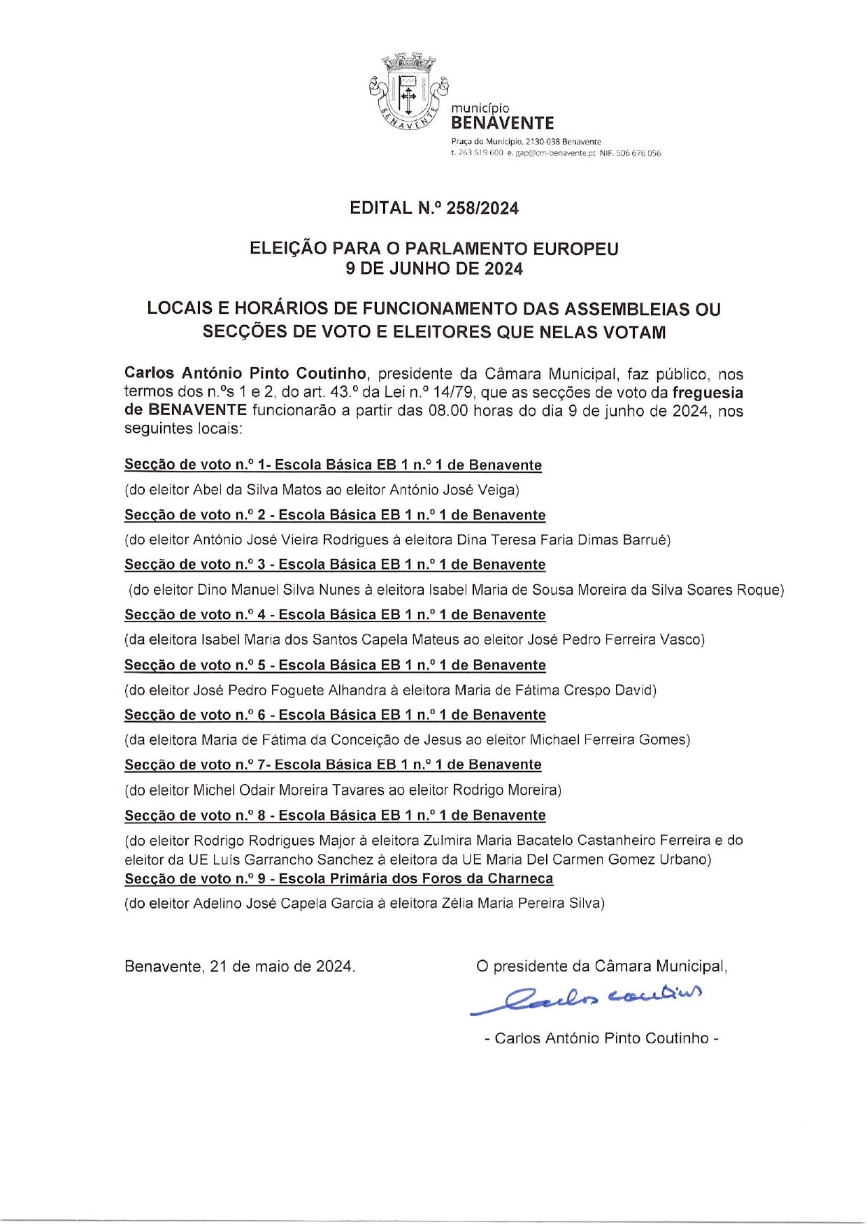 Imagem Edital Nº258- CMB - Eleição Para o Parlamento Europeu - 9 de junho de 2024
