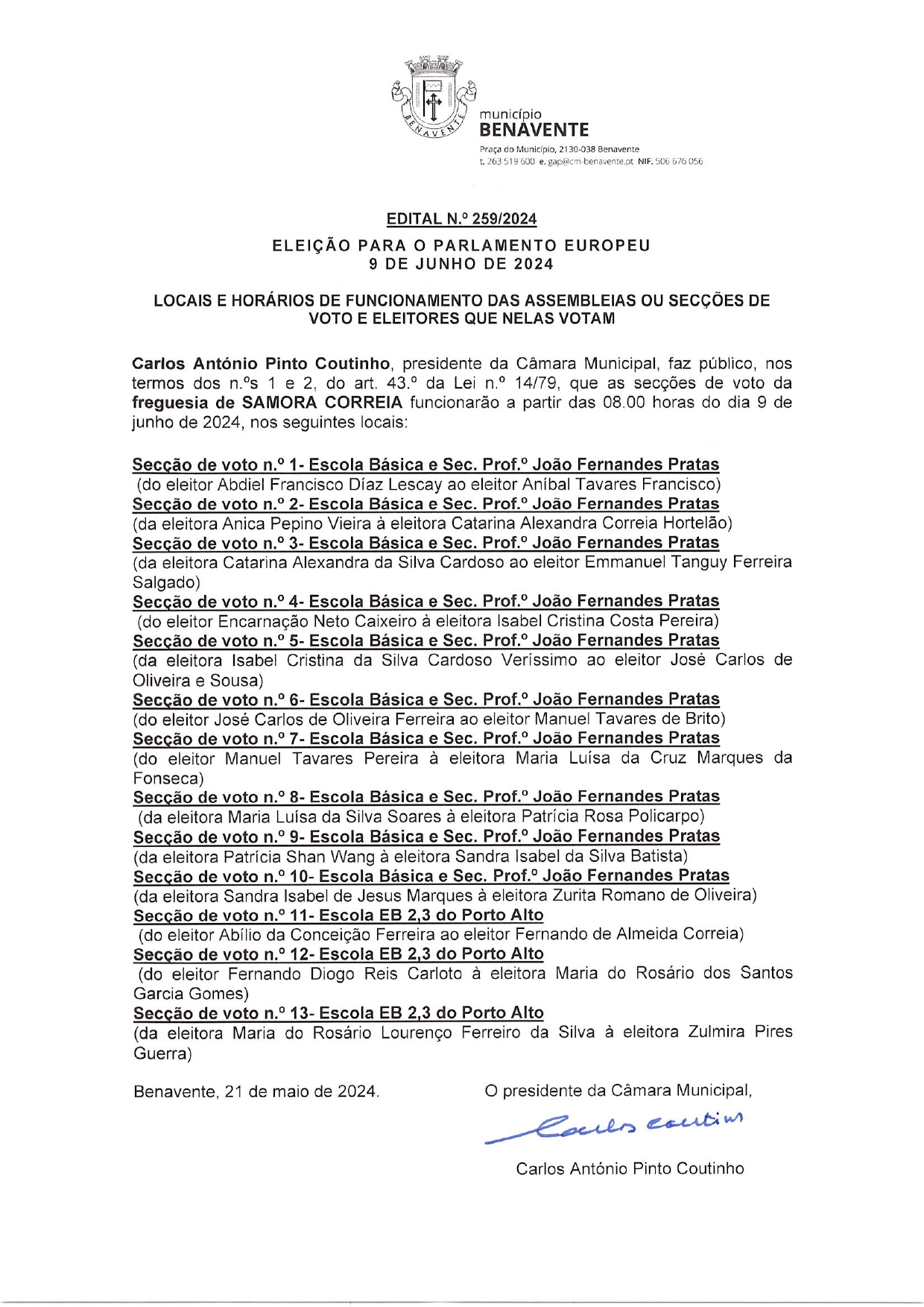 Imagem Edital Nº259- CMB - Eleição Para o Parlamento Europeu - 9 de junho de 2024