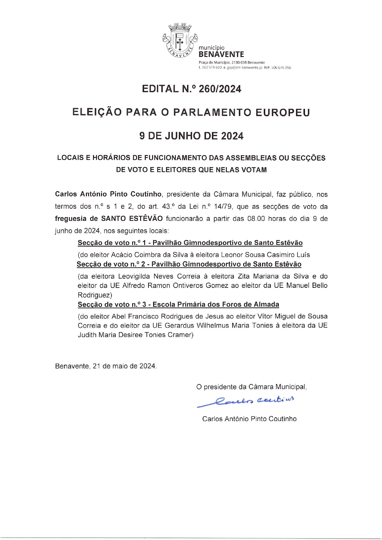 Imagem Edital Nº260- CMB - Eleição Para o Parlamento Europeu - 9 de junho de 2024