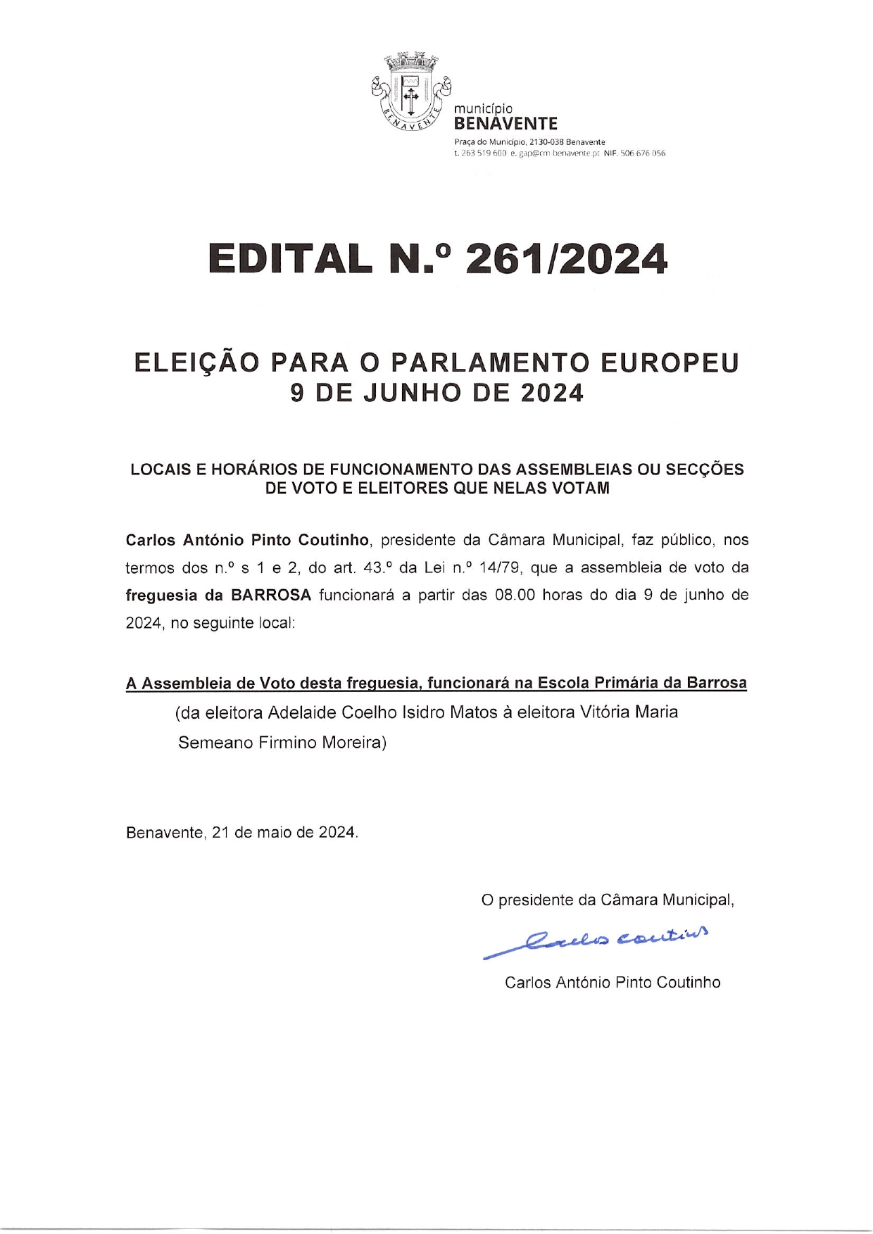 Imagem Edital Nº261- CMB - Eleição Para o Parlamento Europeu - 9 de junho de 2024