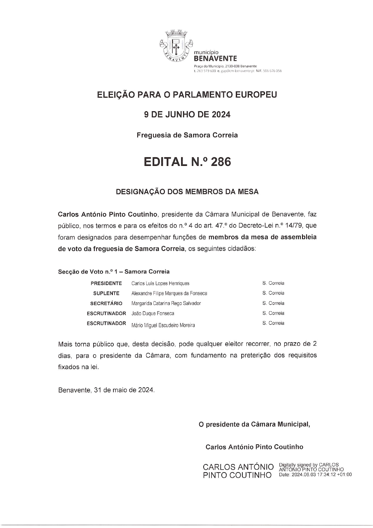 Imagem Edital Nº286- CMB - Eleição Para o Parlamento Europeu - Designação dos Membros da Mesa