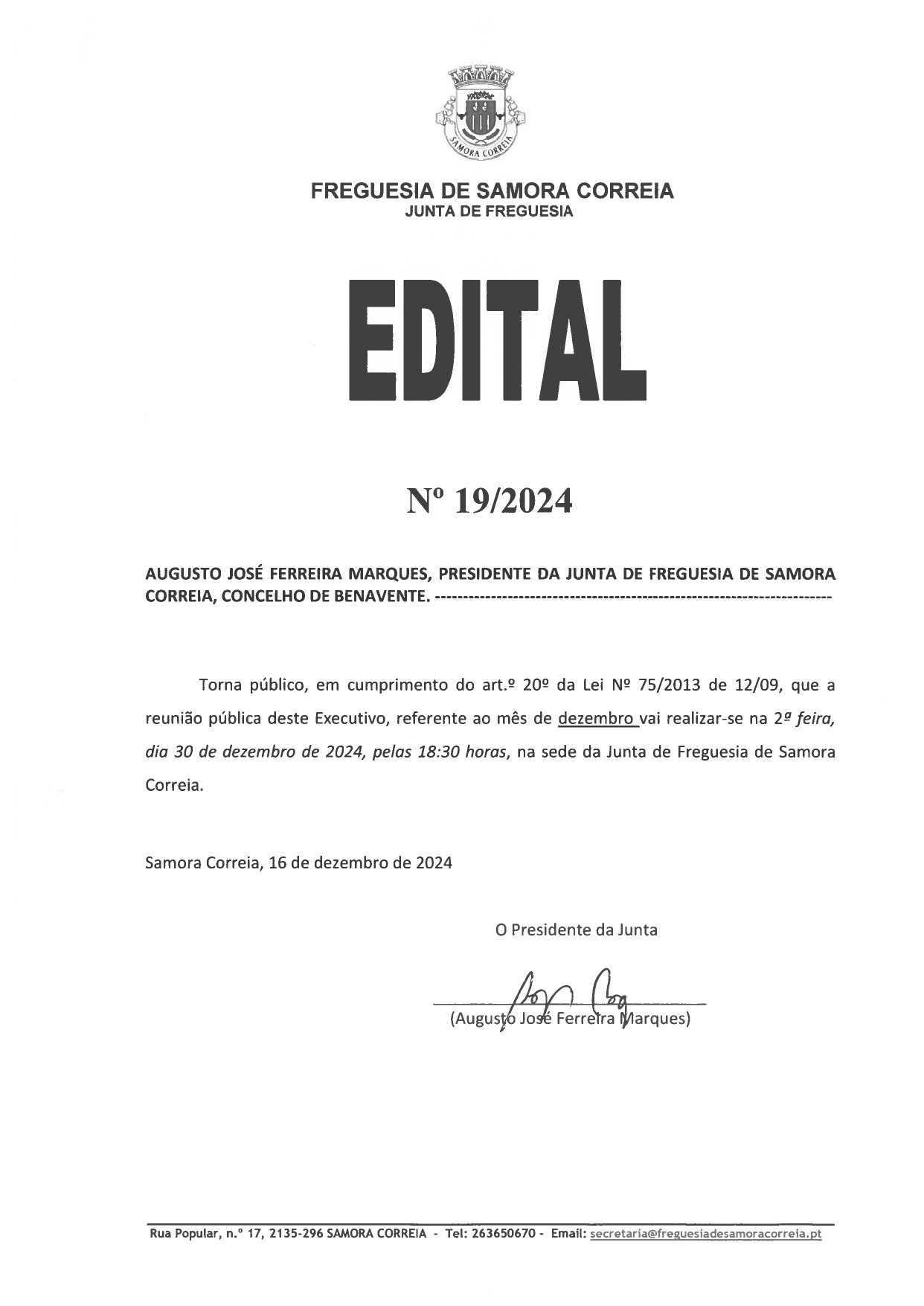 Imagem Edital Nº 19/2024 - Reunião Pública do Executivo