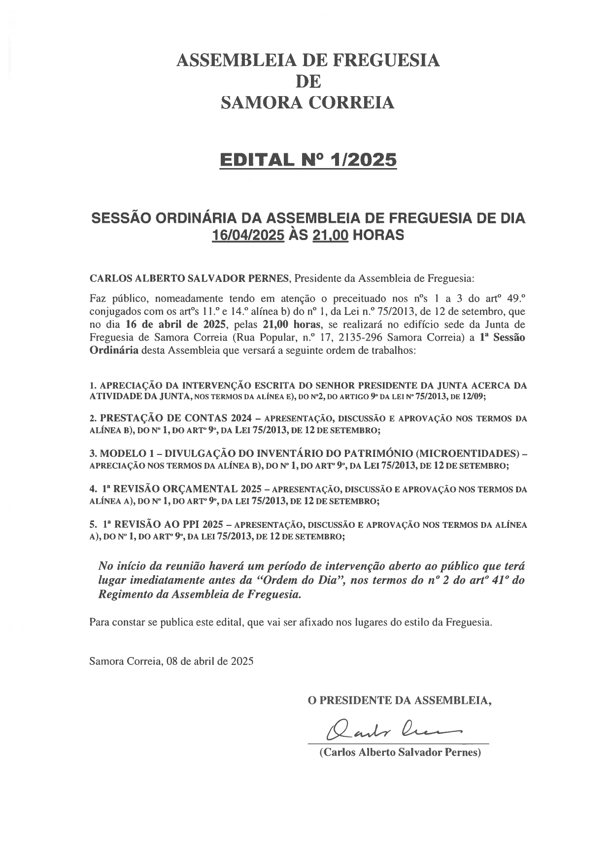 Imagem Edital Nº 01/2025 - Assembleia De Freguesia