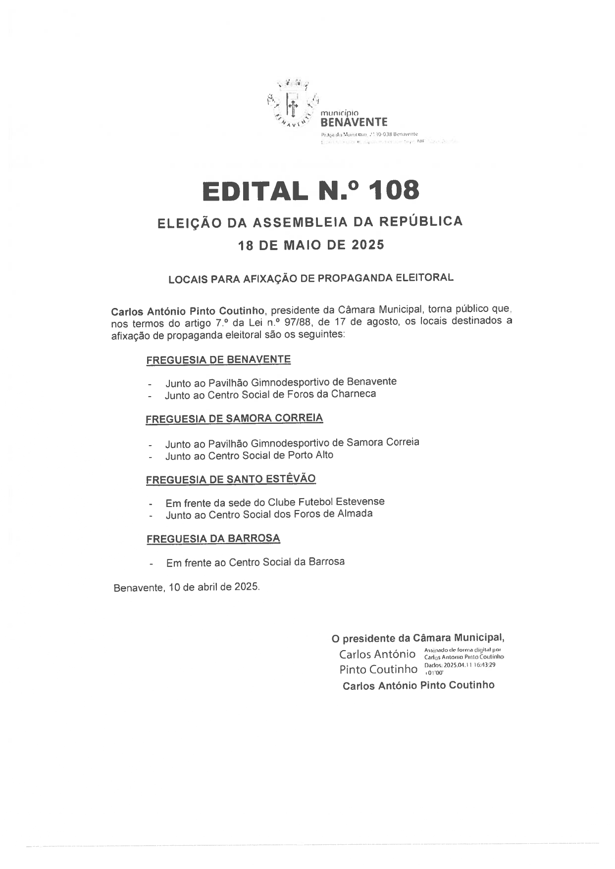 Imagem Edital Nº 108 - Câmara Municipal de Benavente - Eleição da Assembleia da República
