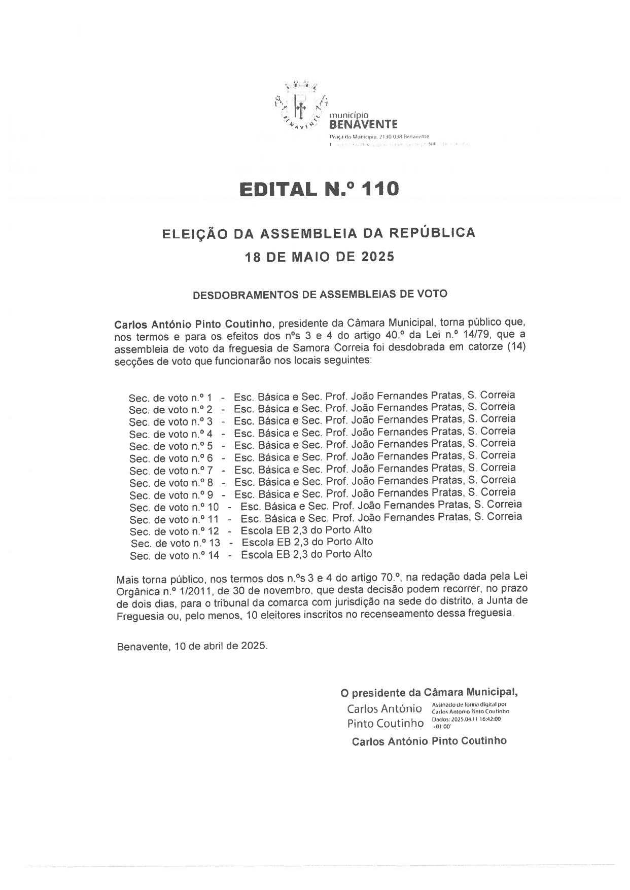 Imagem Edital Nº 110 - Câmara Municipal de Benavente - Eleição da Assembleia da República