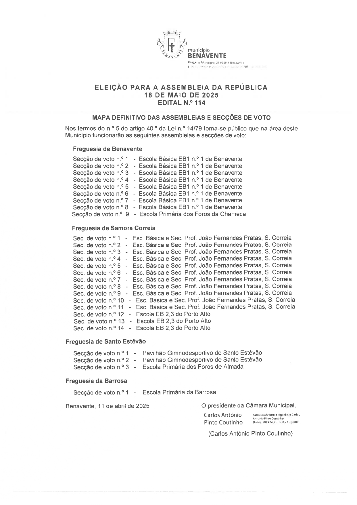 Imagem Edital Nº 114 - Câmara Municipal de Benavente - Eleição da Assembleia da República
