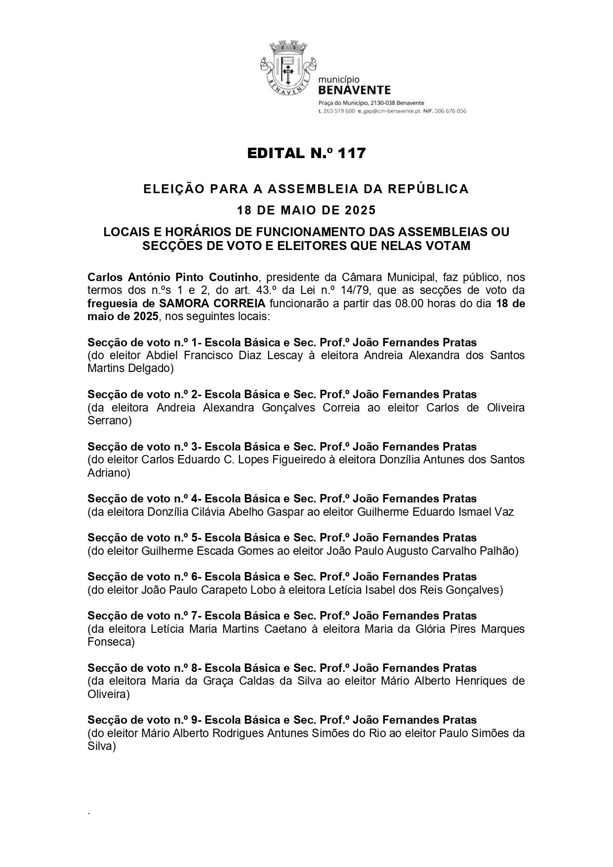 Imagem Edital Nº 117 - Câmara Municipal de Benavente - Eleição da Assembleia da República