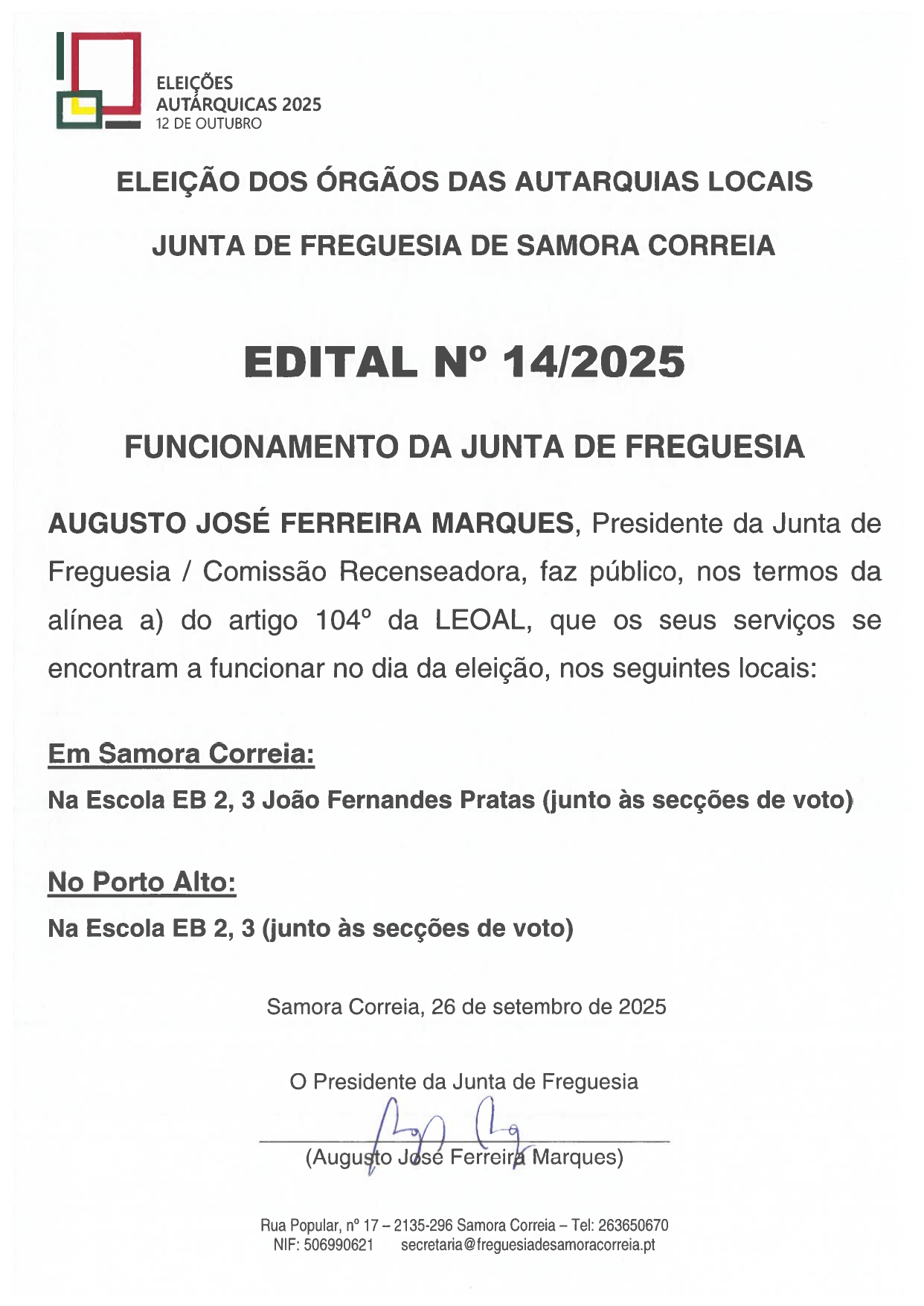 Imagem Edital Nº 14/2025 - Funcionamento da Junta de Freguesia