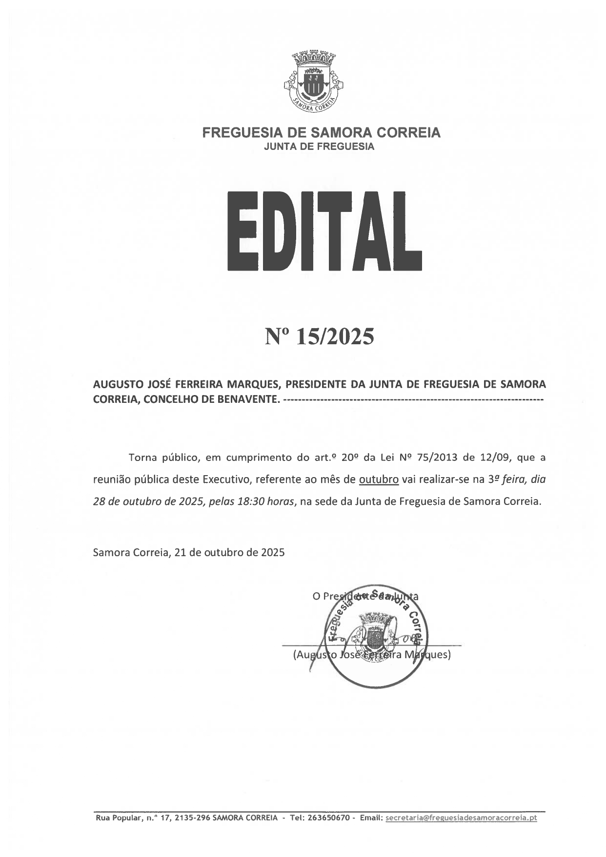 Imagem Edital Nº 15/2025 - Reunião Pública do Executivo