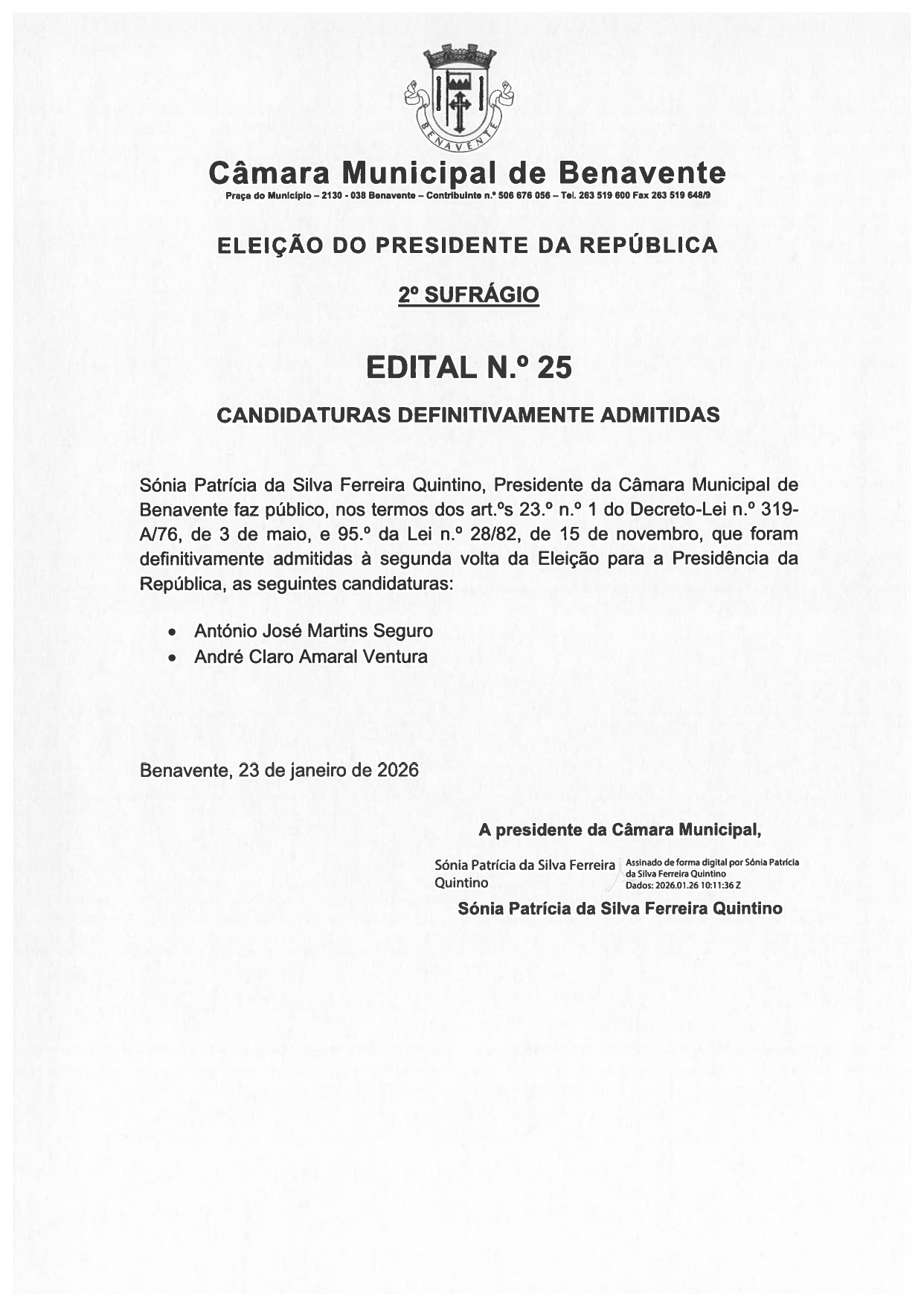Imagem Edital Nº 25/2026 - Câmara Municipal de Benavente