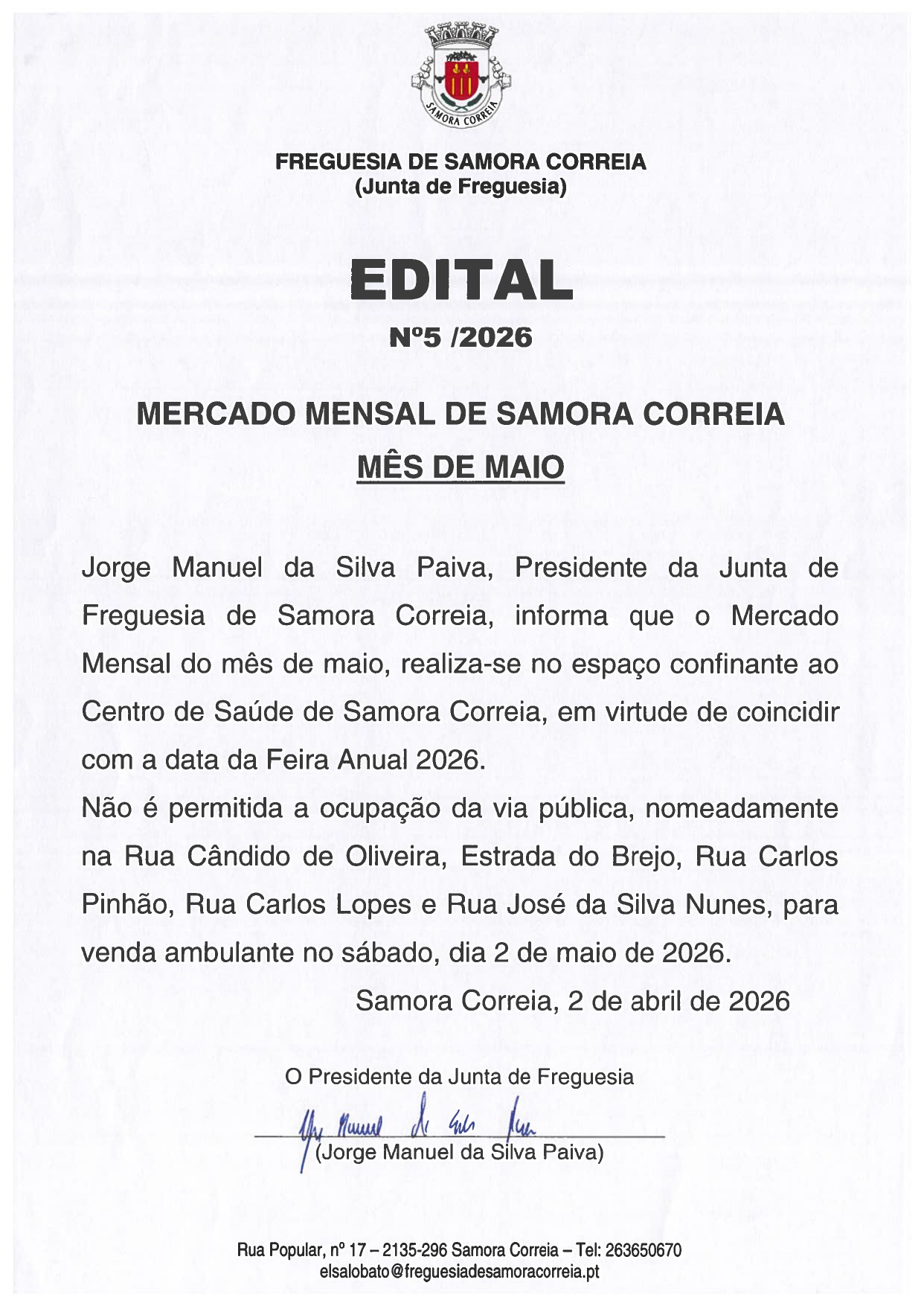 Imagem Edital 05/2026 - Mercado Mensal de Samora Correia