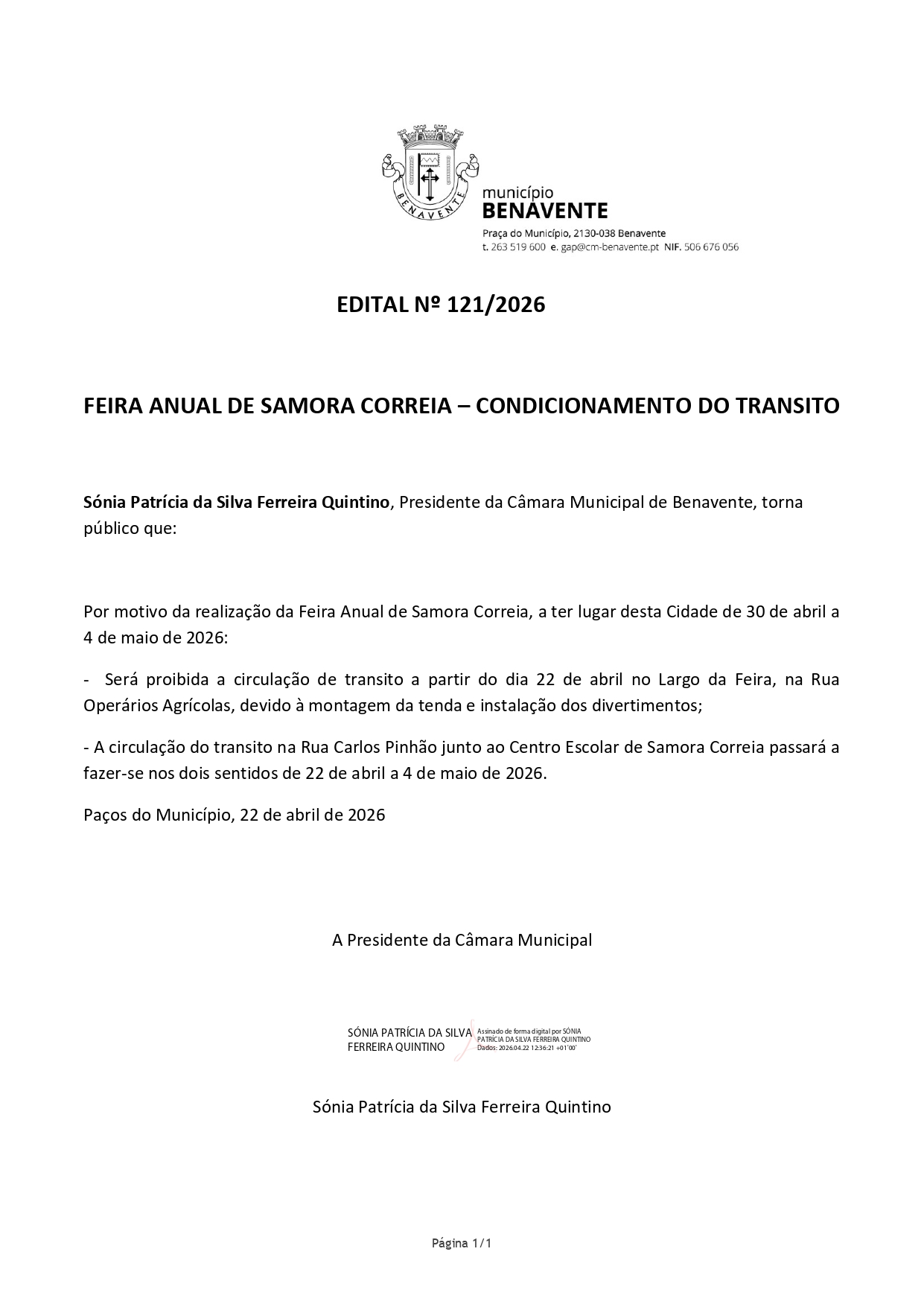 Imagem Edital 121 - CMB - Feira Anual de Samora Correia - Condicionamento do Trânsito