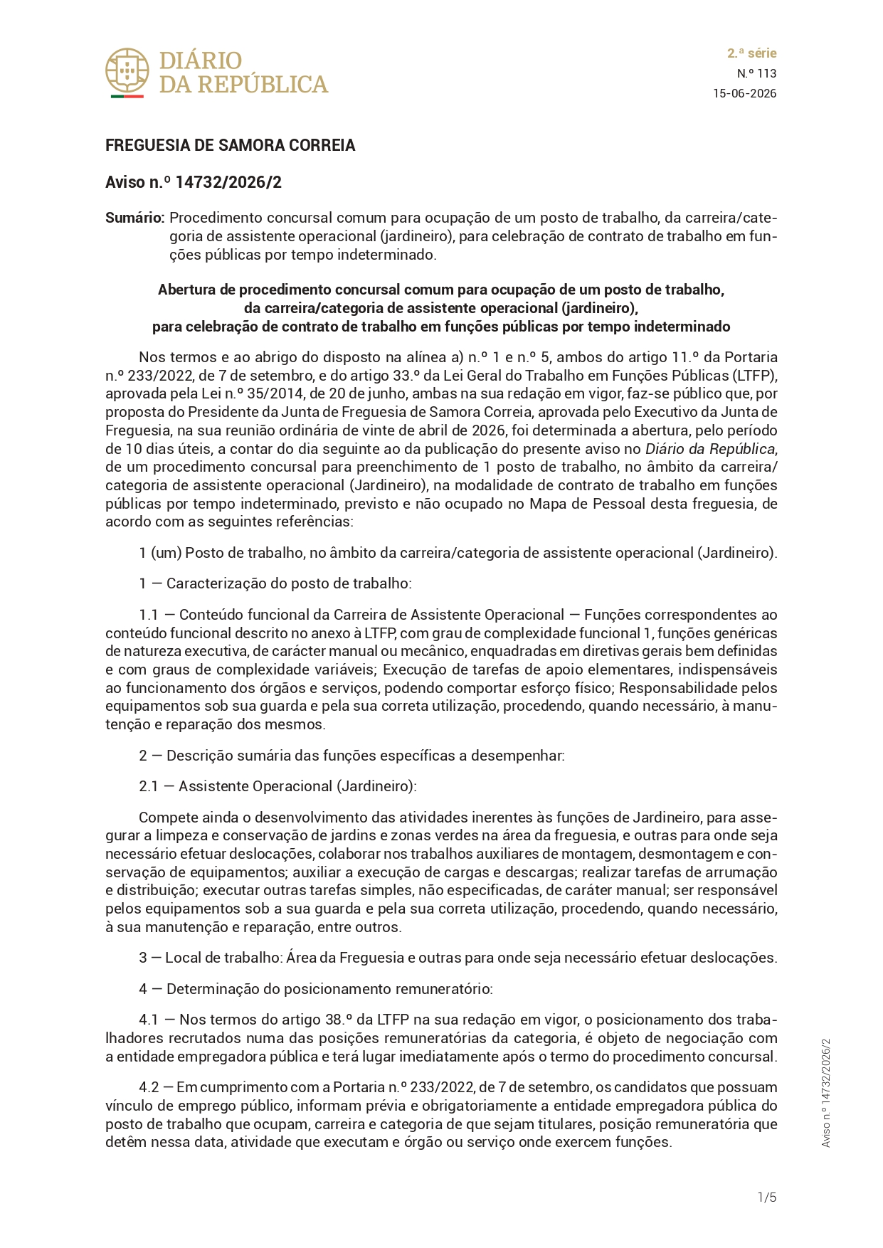 Imagem Procedimento Concursal Comum - 1 posto de trabalho - Assistente Operacional