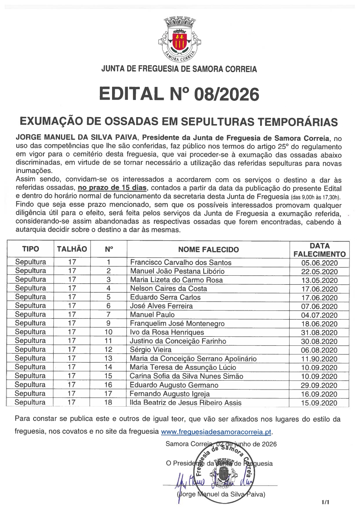 Imagem Edital 08/2026 - Exumação de Ossadas em Sepulturas Temporárias