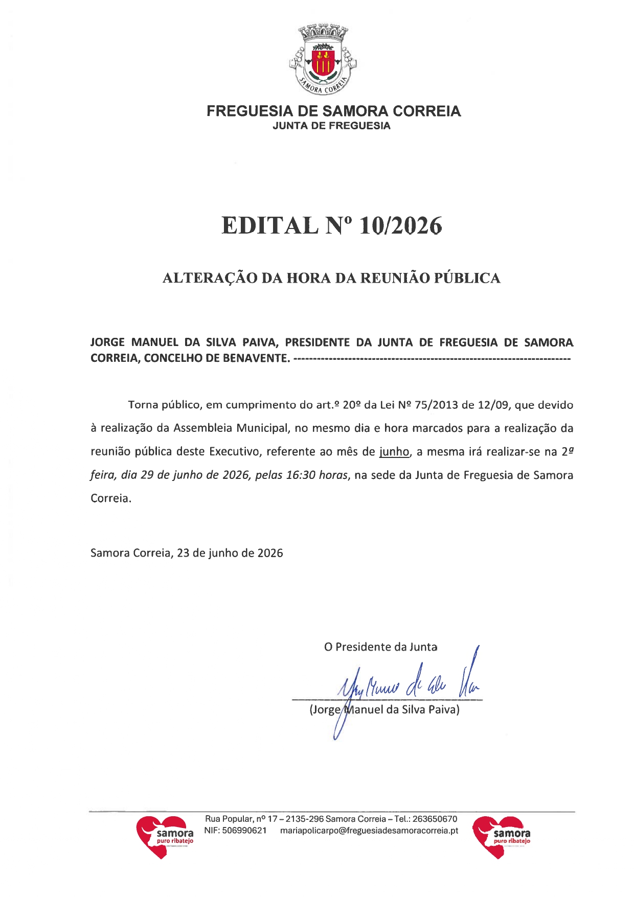 Imagem Edital Nº 10/2026 - Reunião Pública do Executivo - Alteração de Horário