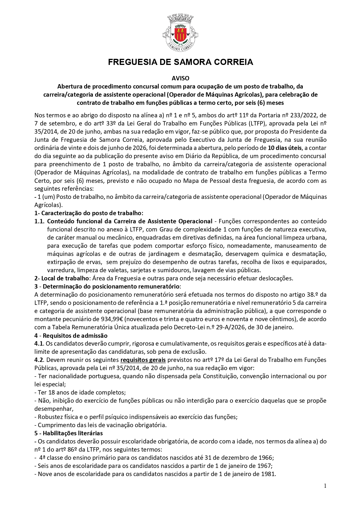 Notícia Procedimento Concursal Comum - 1 posto de trabalho - Assistente Operacional