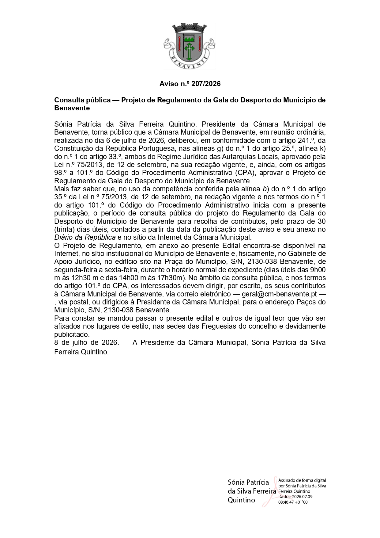 Notícia Projeto do Regulamento da gala de desporto do Município de Benavente