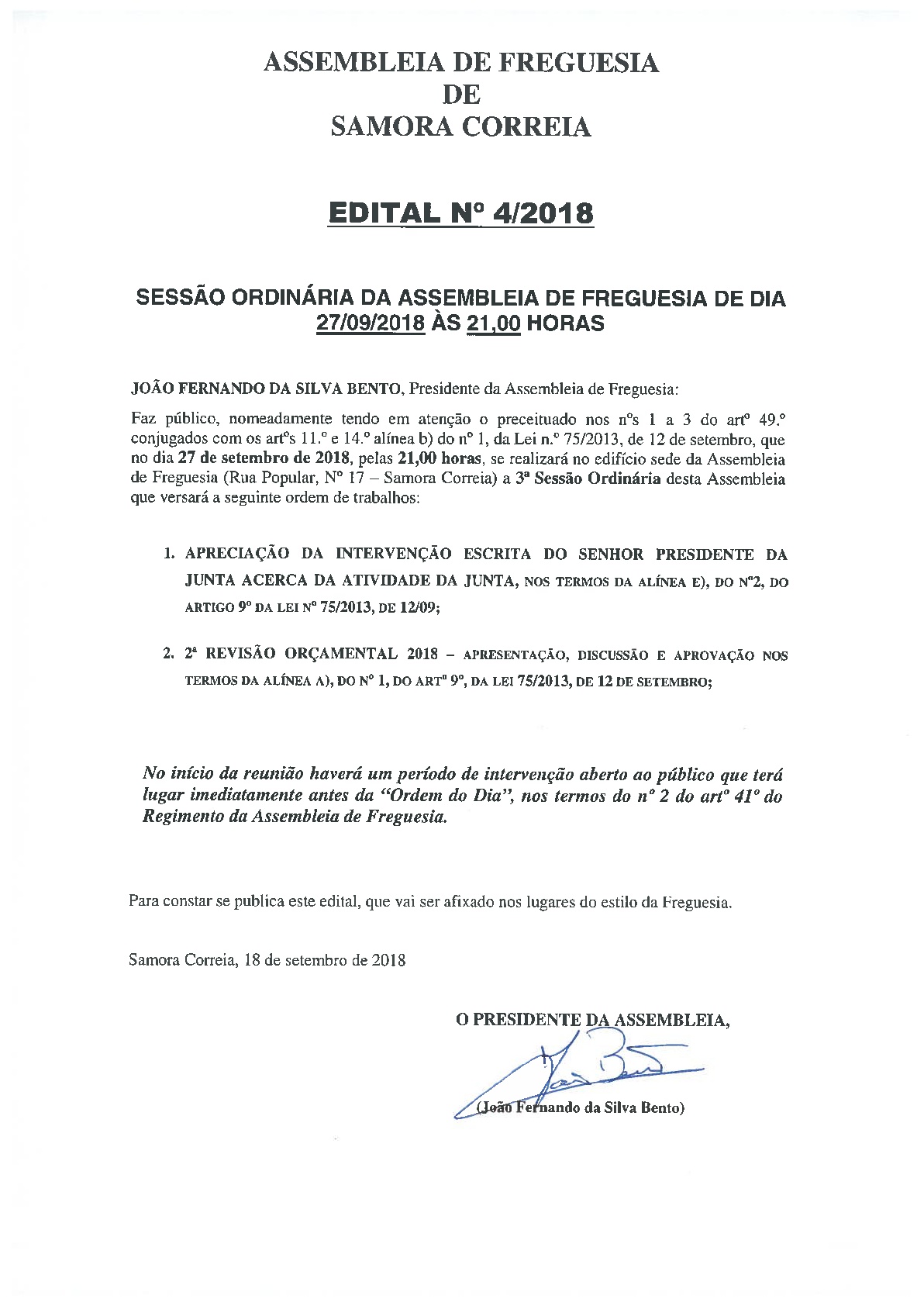 Imagem ASSEMBLEIA DE FREGUESIA DE SAMORA CORREIA - EDITAL 4/2018