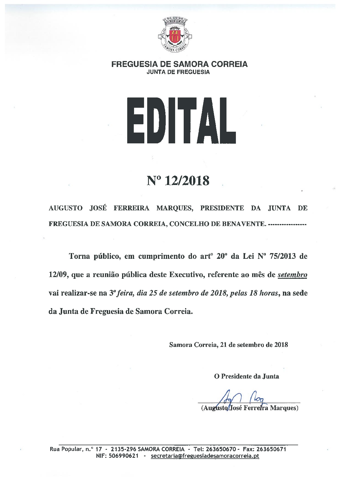 Imagem JUNTA DE FREGUESIA DE SAMORA CORREIA - EDITAL 12/2018