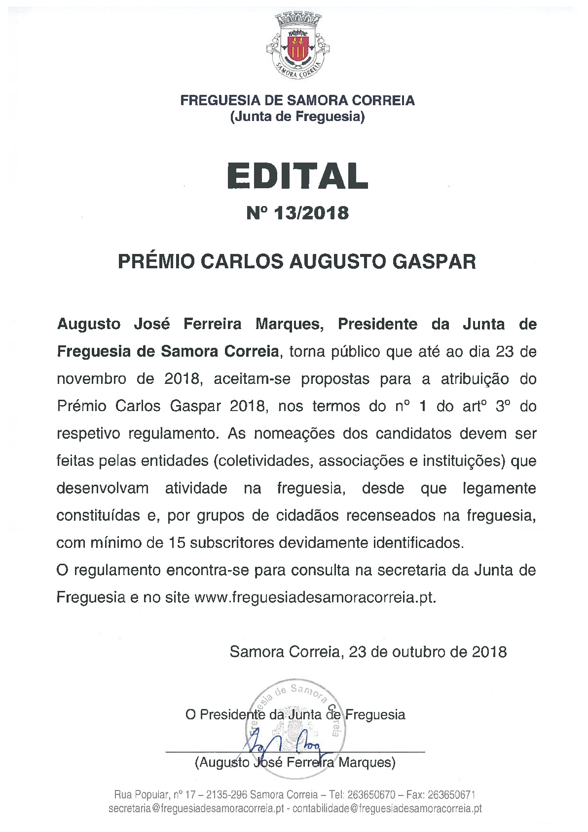 Imagem Edital 13/2018 - Prémio Carlos Augusto Gaspar