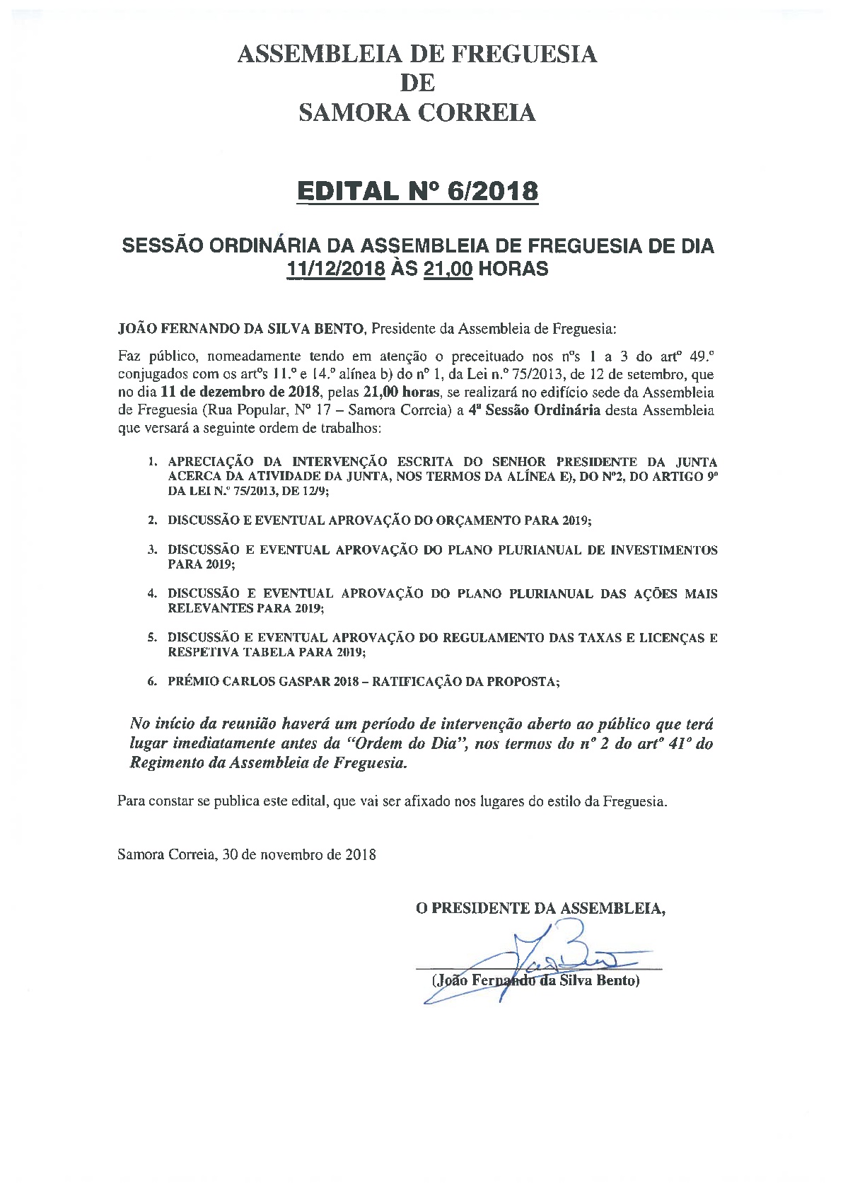 Imagem Assembleia de Freguesia de Samora Correia - Edital 6/2018