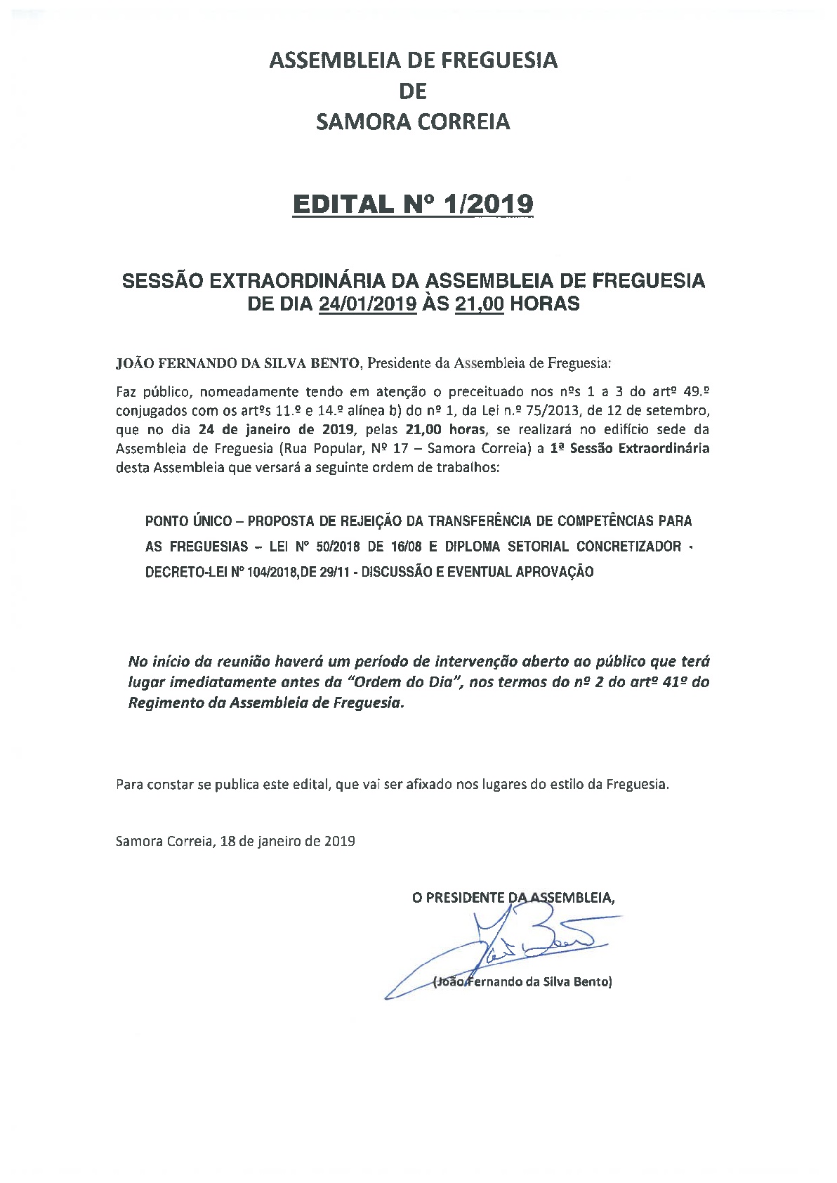 Imagem Assembleia de Freguesia de Samora Correia - Edital 01/2019