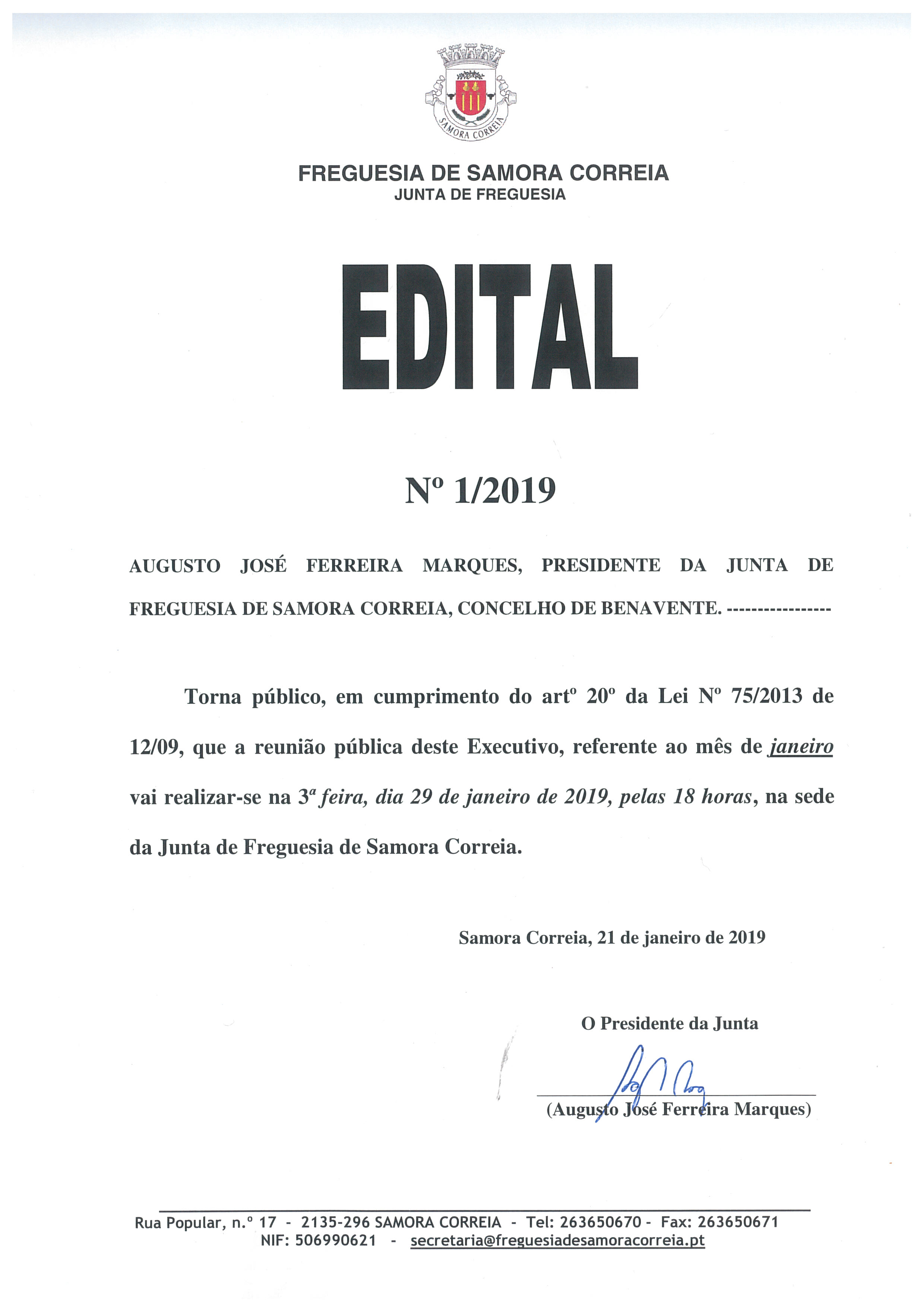 Imagem Junta de Freguesia de Samora Correia - Edital 01/2019