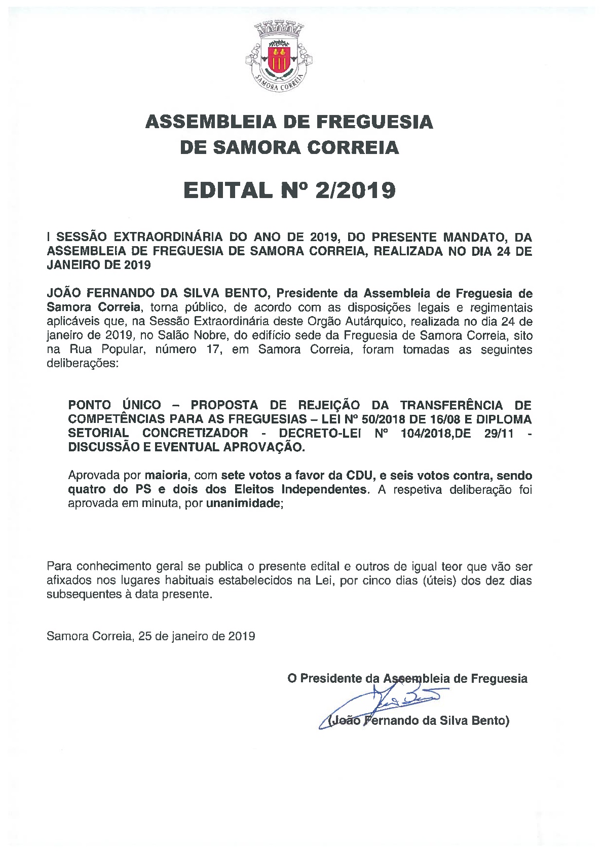 Imagem Assembleia de Freguesia de Samora Correia - Edital 02/2019