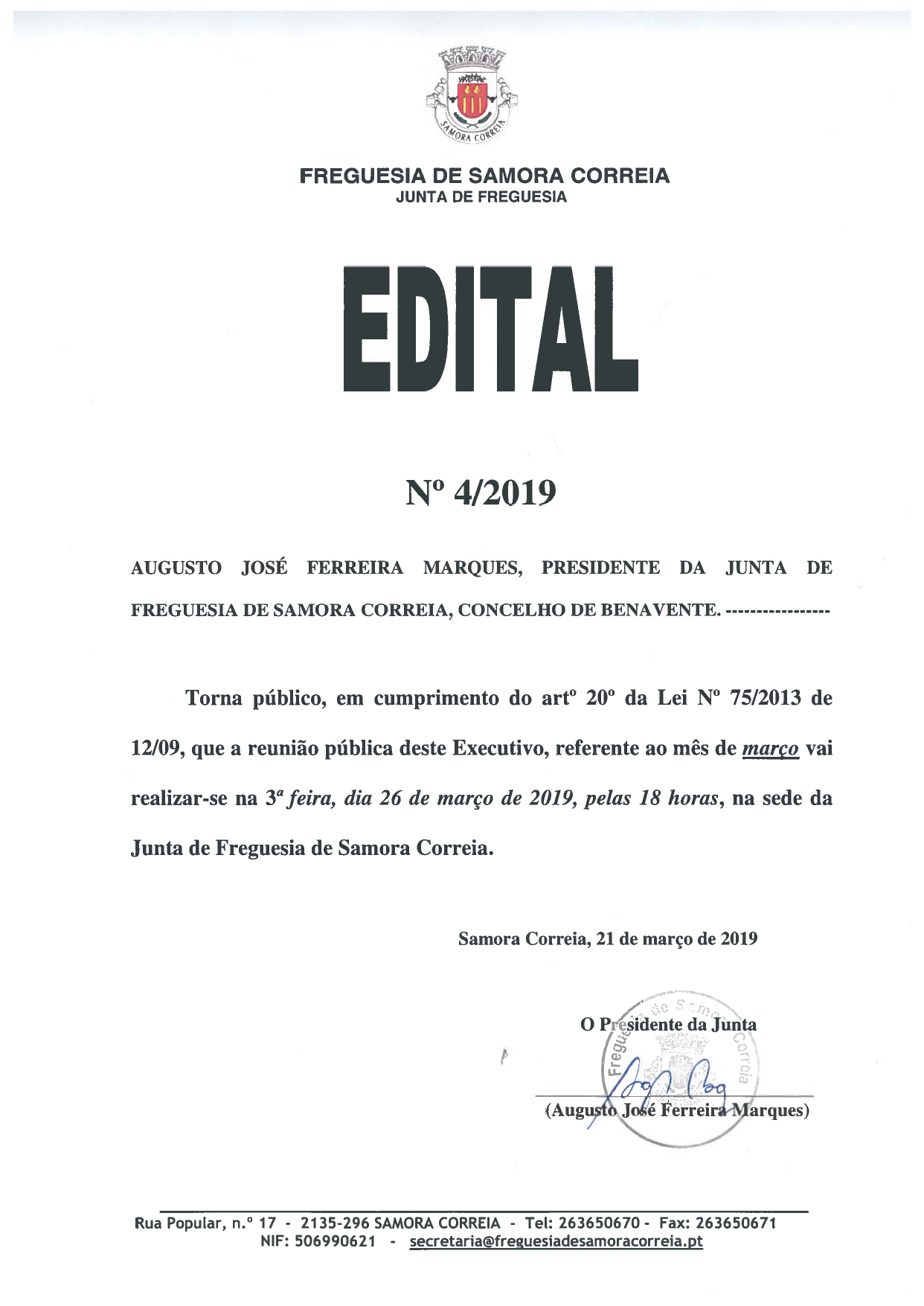 Imagem Junta de Freguesia de Samora Correia - Edital 04/2019