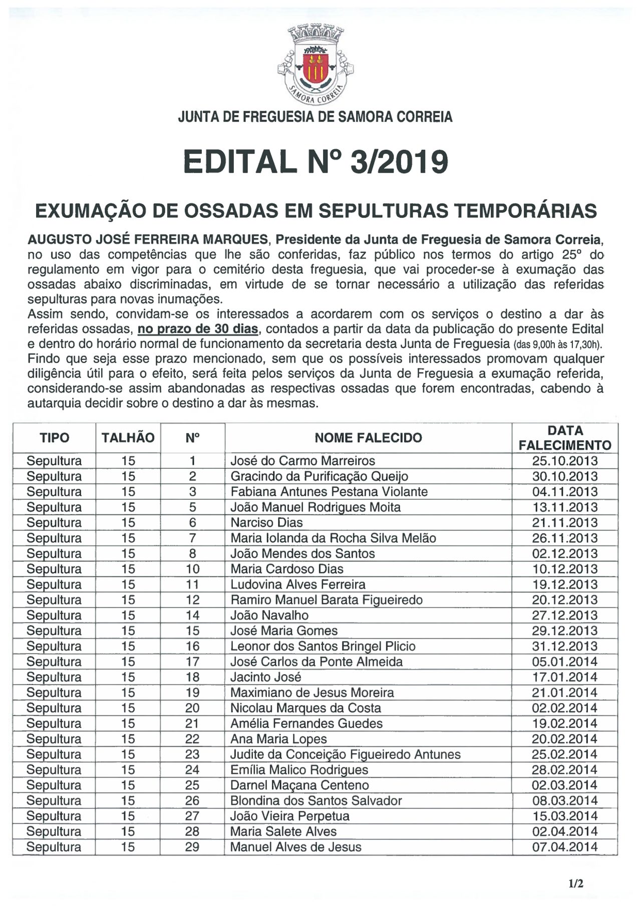 Imagem Edital 03/2019 - Exumação de Ossadas em Sepulturas Temporárias