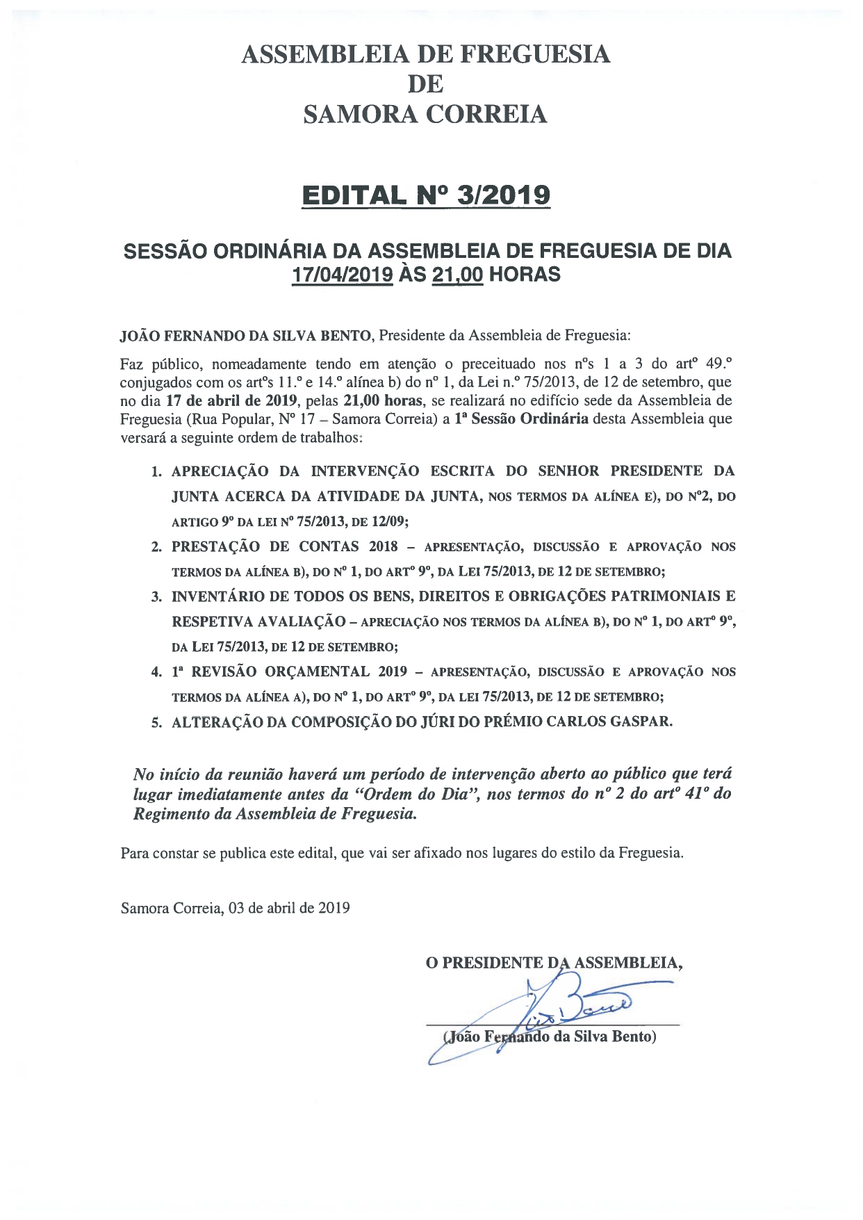 Imagem Assembleia de Freguesia de Samora Correia - Edital 3/2019