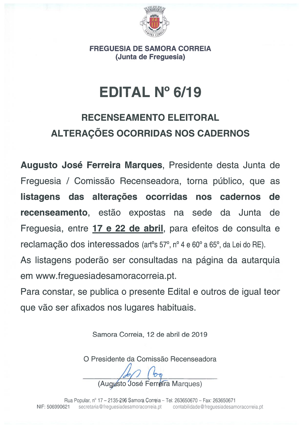 Imagem Junta de Freguesia de Samora Correia - Edital 06/2019 - Recenseamento Eleitoral