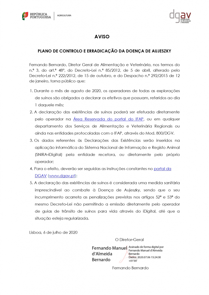 Imagem AVISO - Plano de Controlo e Erradicação da Doença de Aujeszky