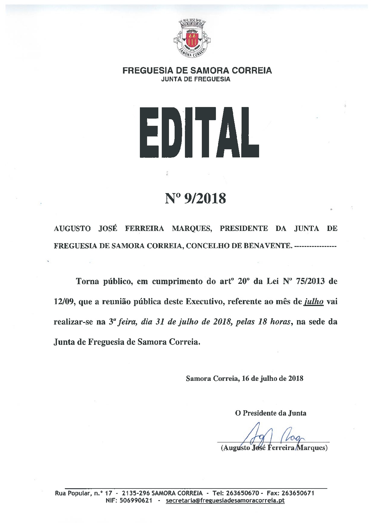 Imagem Junta de Freguesia de Samora Correia - Edital 9/2018